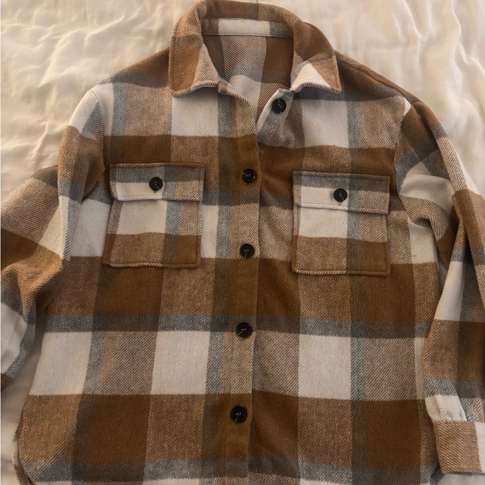 Brown and White Plaid Button-Up Shacket